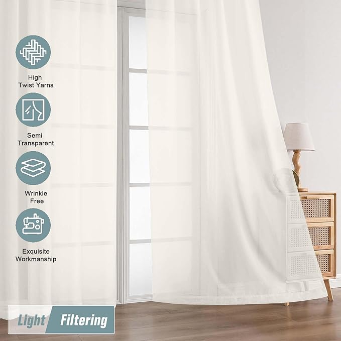 Ivory Sheer Curtains for Window 96 Inches Long 2 Panels Set, Soft Airy Light Filtering Voile Sheer Curtains for Living Room Bedroom, Dual Rod Pocket Elegant Window Drapes, 2x42Wx96L Inches