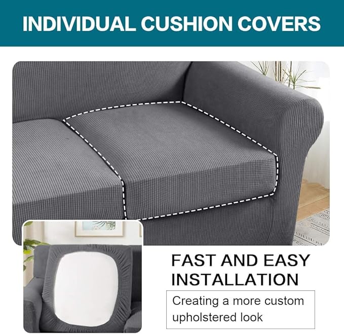 Turquoize 4 Piece Sofa Covers for 3 Cushion Couch Sofa Slipcover Soft Couch Cover for Dogs Washable Furniture Cover with 3 Individual Large Cushion Covers Feature Fabric (Large Sofa, Charcoal Gray)