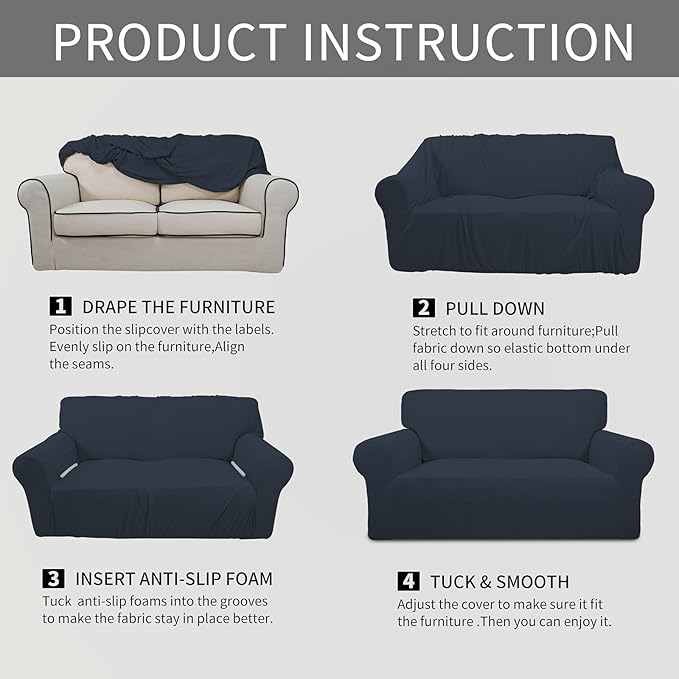 Easy-Going Stretch Sofa Slipcover 1-Piece Sofa Cover Furniture Protector Couch Soft with Elastic Bottom for Kids, Polyester Spandex Jacquard Fabric Small Checks (Sofa, Dark Blue)
