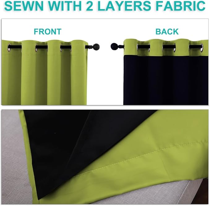 NICETOWN 100% Blackout Window Curtain Panels, Fresh Green, 2 Pieces, 70-inch Wide Per Panel, Full Light Blocking Drapes with Black Liner for Nursery, 72-inch Drop Thermal Insulated Draperies