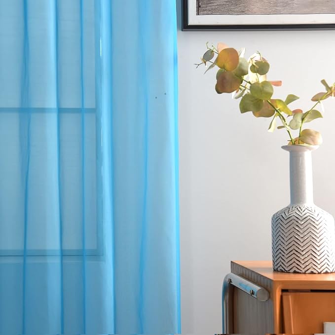 SpaceDresser Basic Rod Pocket Sheer Voile Window Curtain Panels Cyan Blue 1 Pair 2 Panels 52 Width 84 Inch Long for Kitchen Bedroom Children Living Room Yard(Cyan Blue,52 W x 84 L)