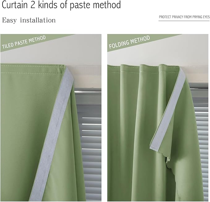 Magic Tape Blackout Curtains for Bedroom No Drillng Self Adhesive Curtains No Rod Small Window, 35" W X 71" L, Sage Green, 1 Panel