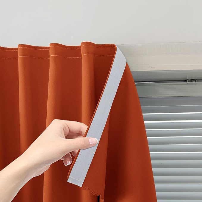 Self Adhesive Curtains Portable Blackout Curtain Simple and Easy to Install Bedroom Window Thermal Lnsulated Kitchen Room Darkening Black Small Drapes, 35" W X 71" L, Orange, 1 Panel