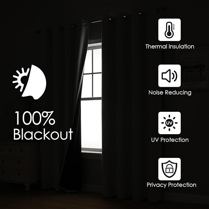 ChrisDowa 100% Blackout Curtains 80 inch Long for Bedroom with Black Liner, 2 Thick Layers Total Blackout Thermal Insulated Grommet Window Curtains 2 Panels Set (Beige, 52 x 80 Inch)