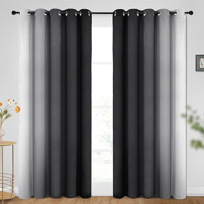 SimpleHome Ombre Room Darkening Curtains for Bedroom, Gradient Black to Grey White Light Blocking Thermal Insulated Grommet Window Curtains/Drapes for Living Room,2 Panels, 62x96 inches Length