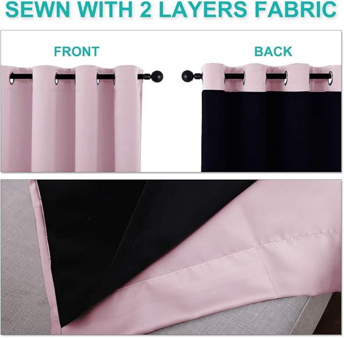 NICETOWN Full Shading Curtains for Windows, Baby Pink, Pack of 2, 62 inches W x 95 inches L, Super Heavy-Duty Black Lined Blackout Curtains for Bedroom, Privacy Assured Window Treatment