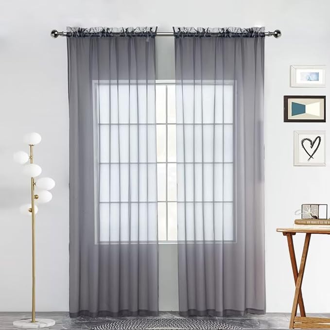 SpaceDresser Sheer Voile Window Treatment Rod Pocket Curtain Panels for Kitchen Bedroom Living Room Drapes Sunlight Filtering Privacy Semi Home Decor Assorted Colors Sizes (Grey, 52 W x 96 L)
