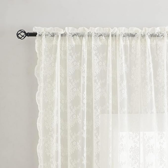 YJ YANJUN Vintage Lace Curtains 90 Inches Long for Dining Room Pair French Country Floral Sheer Curtains for Bedroom Playroom Ivory Cream Colored Boho Farmhouse Decoration 52 x 90 Off White