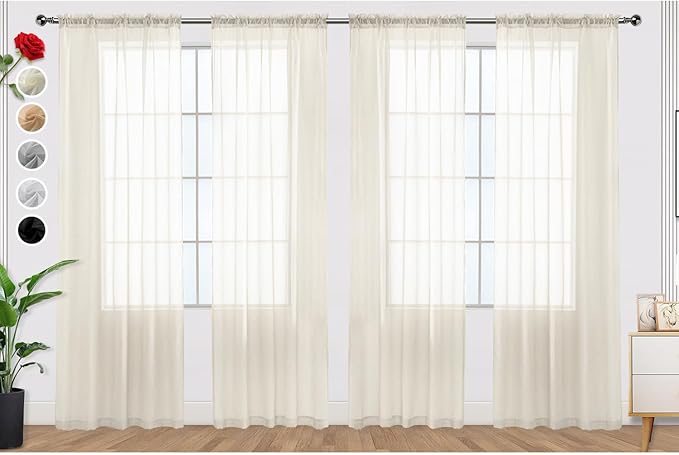 SpaceDresser Ivory Sheer Curtains 4 Panels Rod Pocket Semi-Sheer Curtain 63 Inches Long Light Filtering Voile Window Drapes for Bedroom Living Room Kitchen, Each 52W x 63L