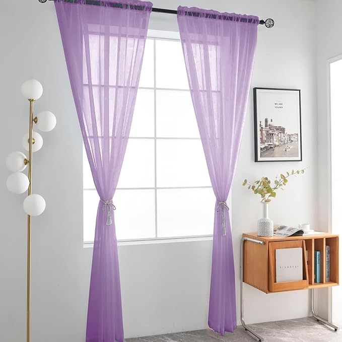 SpaceDresser Sheer Voile Window Treatment Rod Pocket Curtain Panels for Kitchen Bedroom Living Room Drapes Sunlight Filtering Privacy Semi Home Decor Assorted (Lavender, 52 W x 63 L)