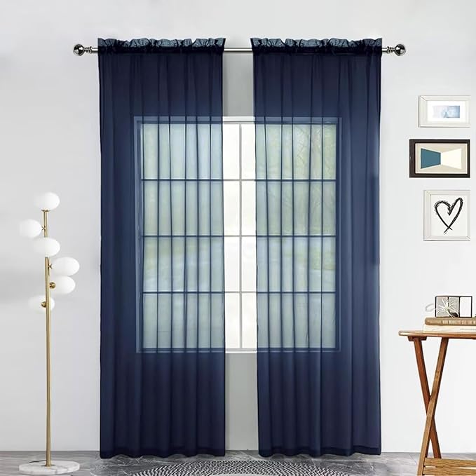 SpaceDresser Sheer Voile Window Treatment Rod Pocket Curtain Panels for Kitchen Bedroom Living Room Drapes Sunlight Filtering Privacy Semi Home Decor Assorted Colors Sizes (Navy, 52 W x 45 L)