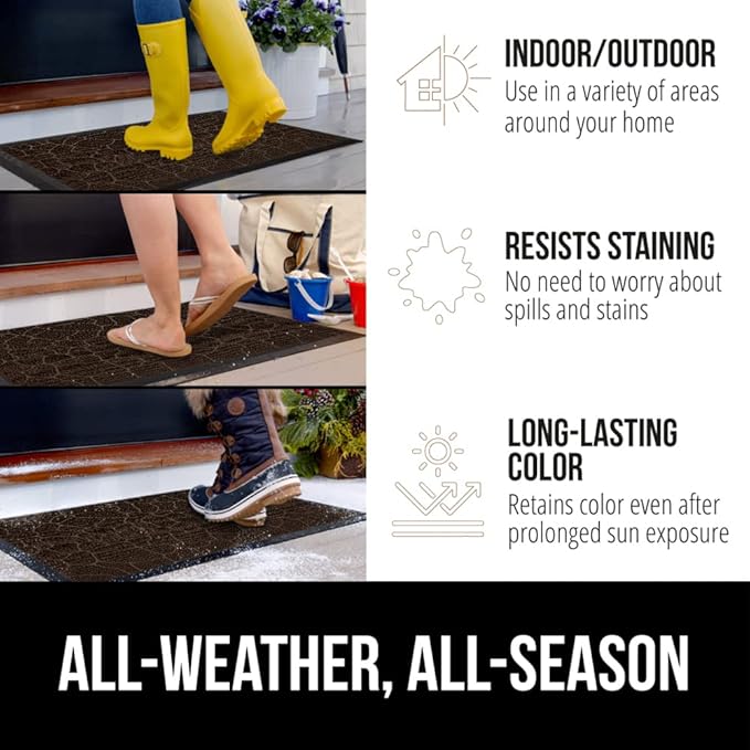GORILLA GRIP 100% Waterproof All-Season WeatherMAX Doormat, US Designed Natural Rubber, Stain and Fade Resistant, Low Profile Indoor Outdoor Door Mats, Easy Clean Patio Mat, 29x17, Dark Brown Pebble