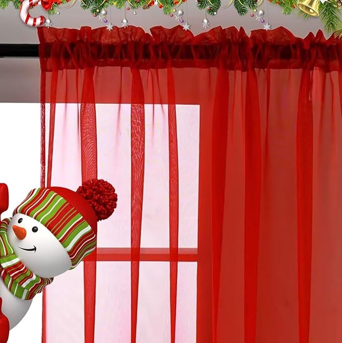 SpaceDresser Basic Rod Pocket Sheer Voile Window Curtain Panels White 1 Pair 2 Panels 70 Width 63 Inch Long for Kitchen Bedroom Children Living Room Yard(Red,70 W x 63 L)