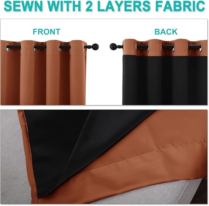 NICETOWN Burnt Orange 100% Blackout Lined Curtains, 2 Thick Layers Completely Blackout Window Treatment Thermal Insulated Drapes for Kitchen/Bedroom (1 Pair, 62" Width x 63" Length Each Panel)