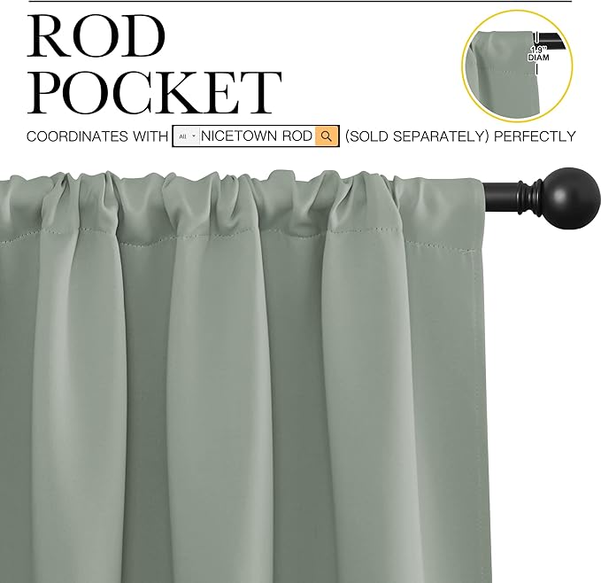 NICETOWN Window Curtains Blackout Drapes - Thermal Insulated Solid Rod Pocket Blackout Curtains/Draperies for Living Room (Greyish Green, One Pair, 34 by 72-Inch)