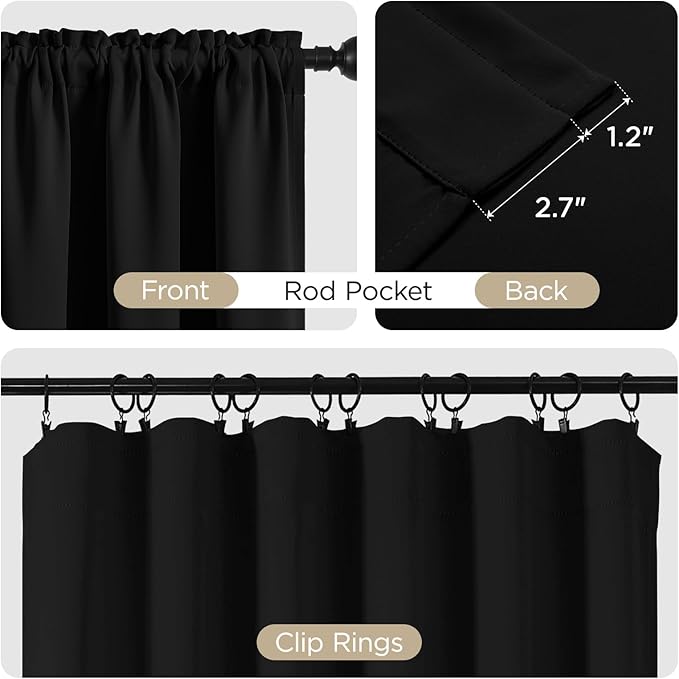 CUCRAF Black Blackout Curtains 72 inch Length 2 Panels Set, Rod Pocket Room Darkening Drapes for Bedroom Living Room, Insulated Thermal Light Blocking Window Curtain (W52 x L72 Inch)