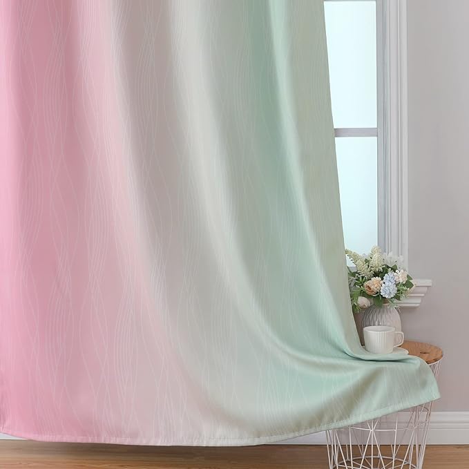 Estelar Textiler Sage and Pink Blackout Curtains 54 Inch Length, Light Blocking Gradient Grommet Drapes for Living Room, Thermal Insulated Ombre Curtains for Bathroom,52Wx54L,2 Panels