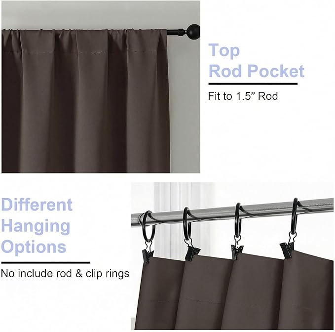 Simplebrand Ava Blackout Curtains for Patio 108 Inches Long 2 Panels Set, Solid Thermal Insulated Room Darkening Rod Pocket Window Treatment Curtains Blackout Drapes, W50 x L108 Inch, Chocolate