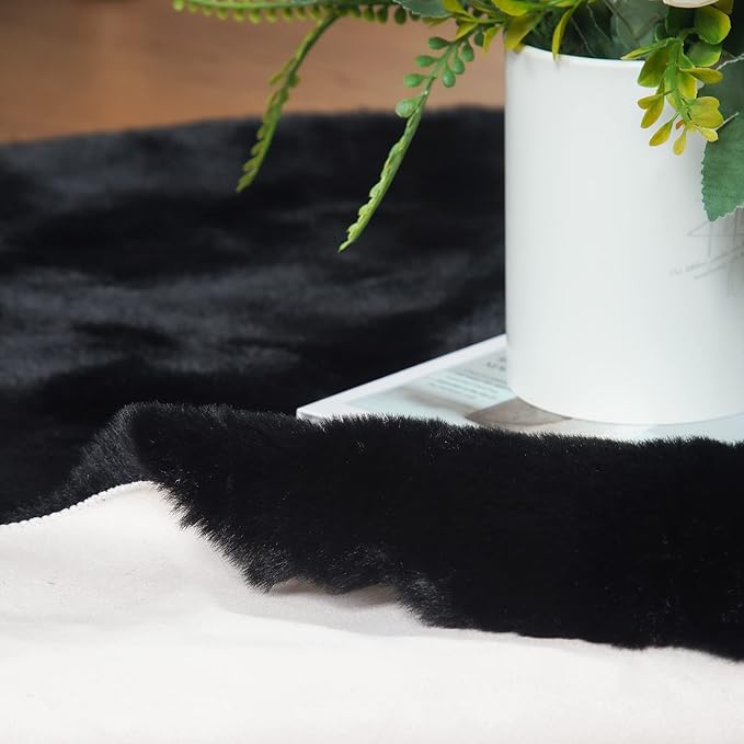 ORINOVA Black Round Rugs 8ft Machine Washable Rabbit Fur Area Rug Large Circle Rugs for Bedroom Faux Sheepskin Rug Cushion Living Room Décor