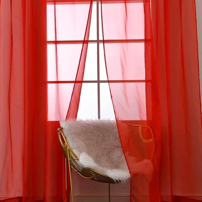 SpaceDresser Sheer Red Curtains 4 Panels Rod Pocket Semi-Sheer Curtain 63 Inches Long Light Filtering Voile Window Drapes for Bedroom Living Room Kitchen, Each 52W x 63L
