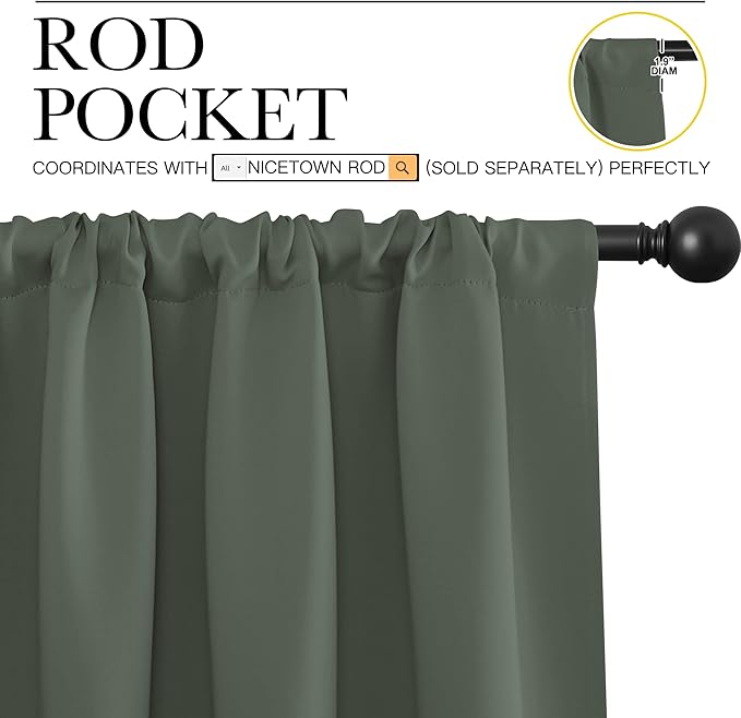 NICETOWN Bedroom Curtains Blackout Draperies - All Season Thermal Insulated Solid Rod Pocket Top Blackout Curtains/Drapes for Kid's Room (Dark Mallard, 1 Pair, 34 x 63 Inch)