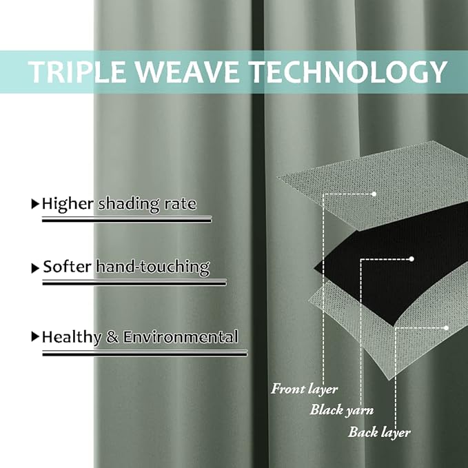 NICETOWN 100% Blackout Window Curtain Panels, Cold and Full Light Blocking Drapes with Black Liner for Nursery, 84" Drop Thermal Insulated Draperies (Greyish Green, 2 Pieces, 70" Wide Each Panel)