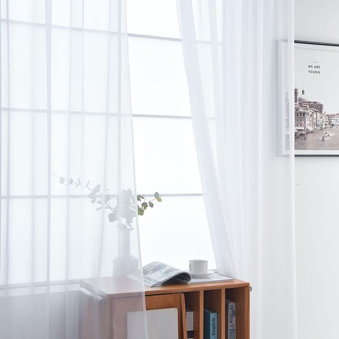 SpaceDresser Basic Rod Pocket Sheer Voile Window Curtain Panels White 1 Pair 2 Panels 38 Width 84 Inch Long for Kitchen Bedroom Children Living Room Yard(White,38 W x 84 L)