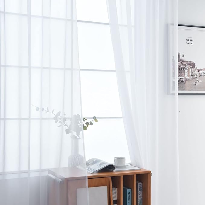 SpaceDresser Basic Rod Pocket Sheer Voile Window Curtain Panels White 1 Pair 2 Panels 38 Width 63 Inch Long for Kitchen Bedroom Children Living Room Yard(White,38 W x 63 L)