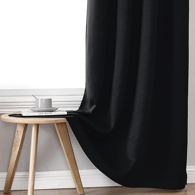ChrisDowa 100% Blackout Curtains for Bedroom with Black Liner, 2 Thick Layers Total Blackout Thermal Insulated Grommet Window Curtains 2 Panels Set (Black, 52 x 84 Inch)