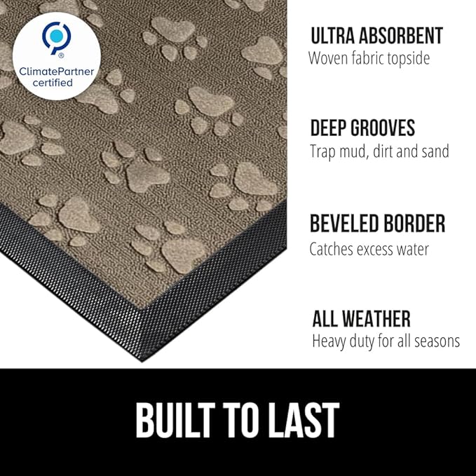 GORILLA GRIP 100% Waterproof All-Season WeatherMAX Doormat US Designed Natural Rubber, Stain and Fade Resistant, Low Profile Indoor Outdoor Door Mats, Easy Clean Patio Mat, 29x17, Tan Pawprints