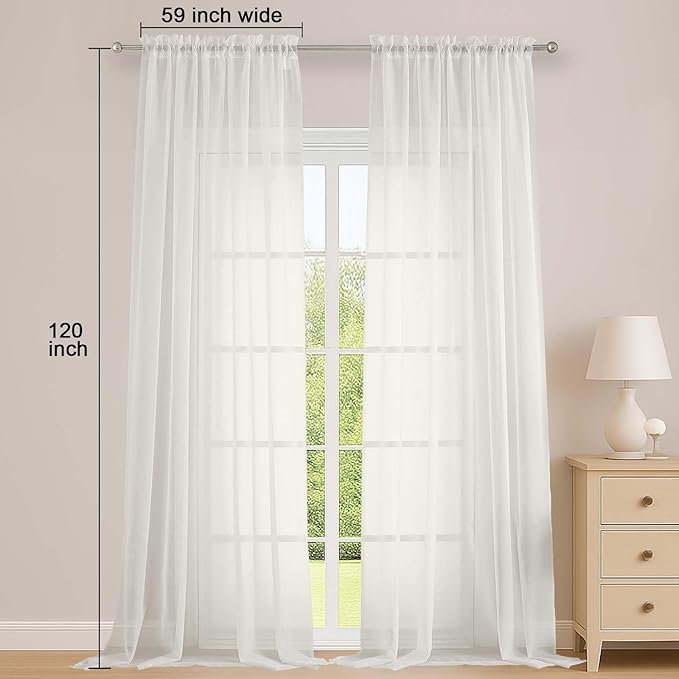 OWENIE Ivory Sheer Curtains 120 Inches Long 2 Panels Set, Airy Lightweight Sheer Ivory Curtain for Living Room Bedroom, Farmhouse Voile Filmy Rod Pocket Curtains Drapes, 2 Pcs, Each 59" Wx120 L Inch