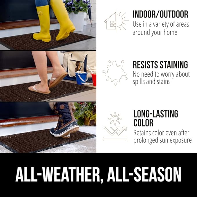 GORILLA GRIP 100% Waterproof All-Season WeatherMAX Doormat, 60x24, US Designed Natural Rubber, Stain and Fade Resistant, Low Profile Indoor Outdoor Door Mats, Easy Clean Patio Mat, Coffee Squares