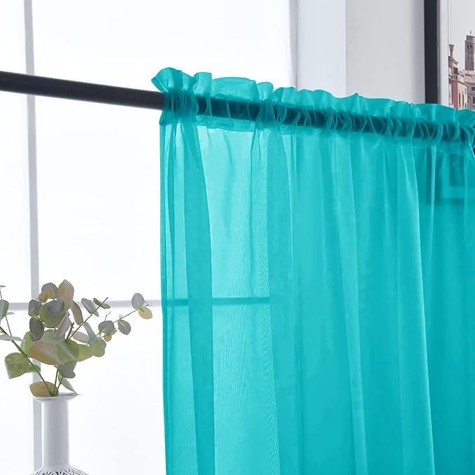 SpaceDresser Sheer Voile Window Treatment Rod Pocket Curtain Panels for Kitchen Bedroom Living Room Drapes Sunlight Filtering Privacy Semi Home Decor Assorted (Peacock Blue, 52 W x 84 L)