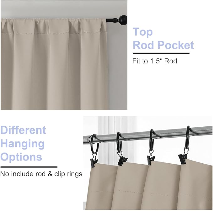 Simplebrand Blackout Extra 10ft Curtains for Patio 120 Inches Long 2 Panels Set, Solid Thermal Insulated Energy Saving Rod Pocket Window Treatment Curtains Blackout Drapes, 50" Wx120 L, Stone