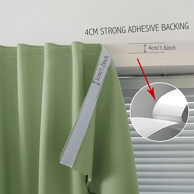 Magic Tape Blackout Curtains for Bedroom No Drillng Self Adhesive Curtains No Rod Small Window, 59" W X 84" L, Sage Green, 1 Panel