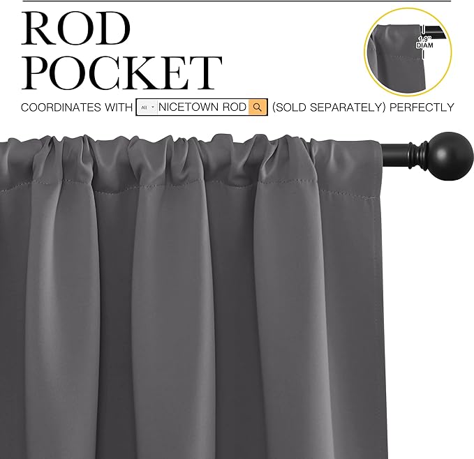NICETOWN Grey Window Curtains for Bedroom - Home Decoration Thermal Insulated Rod Pocket Blackout Blinds & Drapes for Small Windows (Gray, 2 Panels, W42 x L45 -Inch)