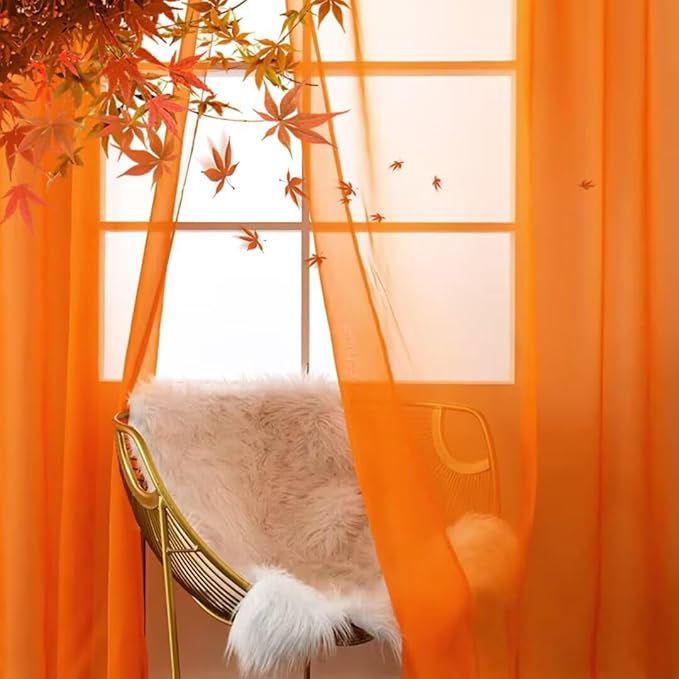 SpaceDresser Basic Rod Pocket Sheer Voile Window Curtain Panels White 1 Pair 2 Panels 38 Width 54 Inch Long for Kitchen Bedroom Children Living Room Yard(Orange,38 W x 54 L)