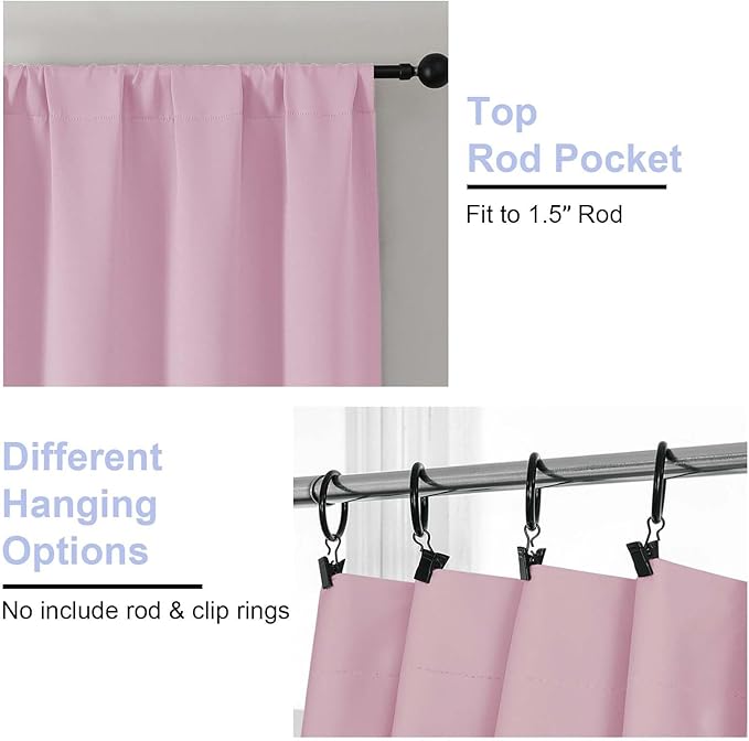 Simplebrand Ava Pink Blackout Curtains for Bedroom 63 Inch Length 2 Panels Set, Solid Thermal Insulated Energy Saving Rod Pocket Window Treatment Curtains Blackout Drapes, W40 x L63 Inch, Pink