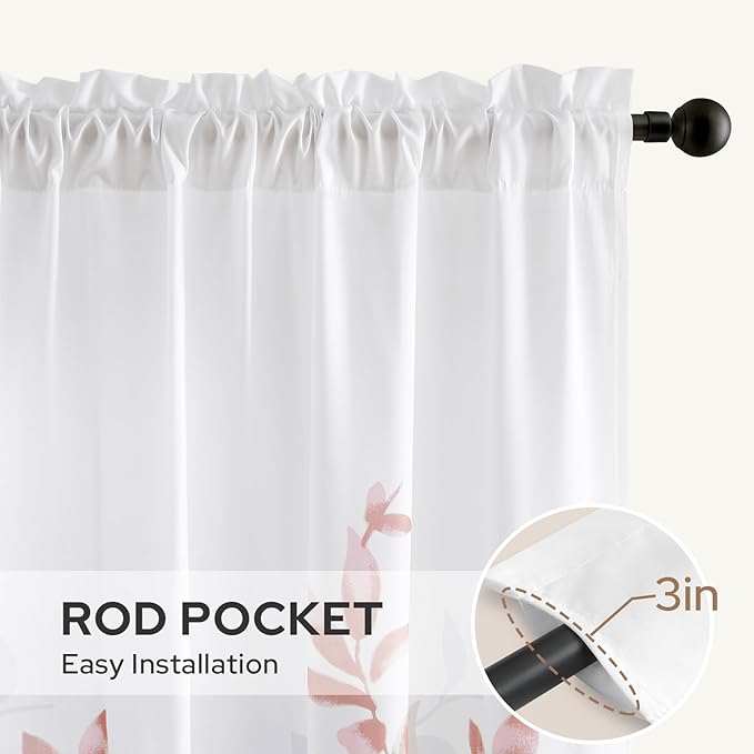 HOMEIDEAS Non-See-Through Pink and White Privacy Sheer Curtains 52 X 96 Inches Long 2 Panels, Leaf Floral Printed Light Filtering Semi Sheer Window Curtains Drapes for Bedroom Living Room