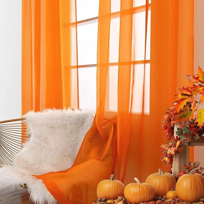 SpaceDresser Basic Rod Pocket Sheer Voile Window Curtain Panels Orange 2 Panels 52 Width 96 Inch Long for Kitchen Bedroom Children Living Room Yard(Orange,52 W x 96 L)