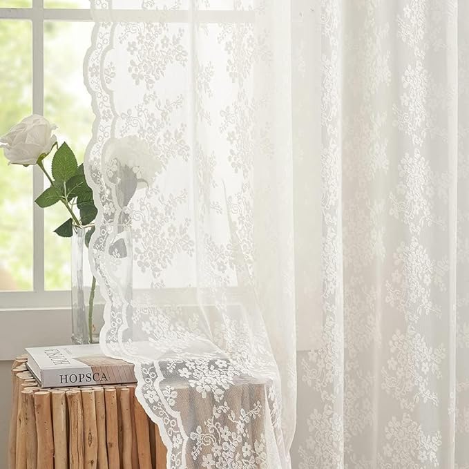 YJ YANJUN Vintage Lace Curtains 90 Inches Long for Dining Room Pair French Country Floral Sheer Curtains for Bedroom Playroom Ivory Cream Colored Boho Farmhouse Decoration 52 x 90 Off White