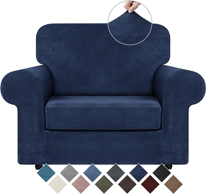 WEERRW Velvet Stretch Chair Sofa Slipcover - 2 Pieces Luxury Soft Velvet Plush Couch Cover Furniture Protector with Elastic Bottom for Pets, Machine Washable, Navy Blue, Small