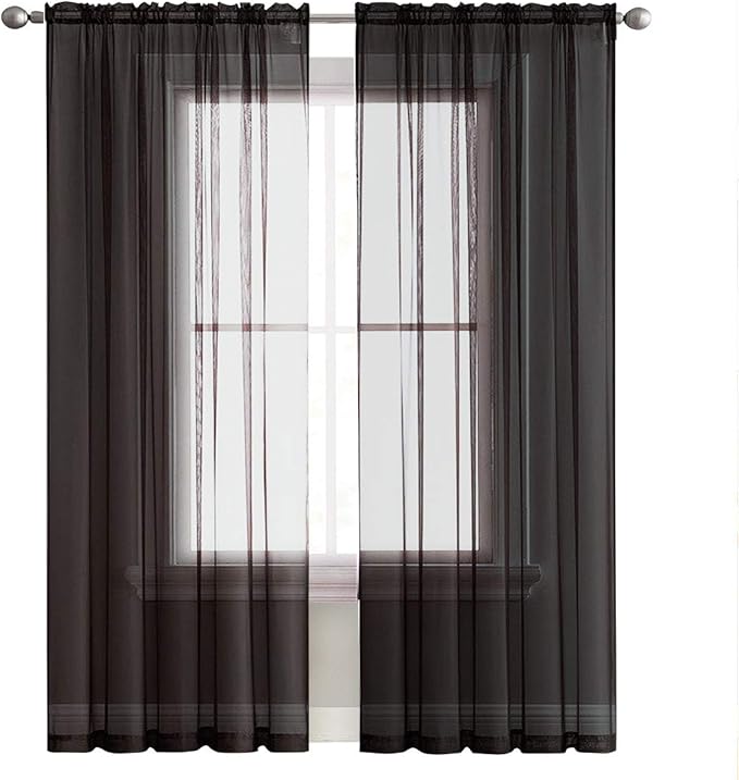 SpaceDresser Basic Rod Pocket Sheer Voile Window Curtain Panels White 1 Pair 2 Panels 60 Width 72 Inch Long for Kitchen Bedroom Children Living Room Yard(Black,60 W x 72 L)