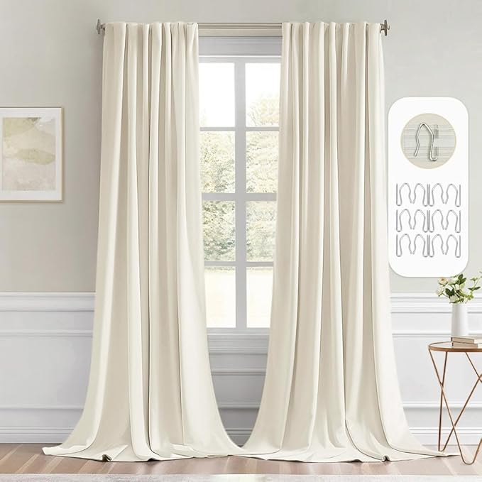 MIULEE Beige White Back Tab Blackout Curtain 96 Inch Long 2 Panels Set for Bedroom, Rod Pocket/Pinch Pleat Thermal Insulated Living Room Darkening Pleated Light Blocking Floor to Ceiling Drape