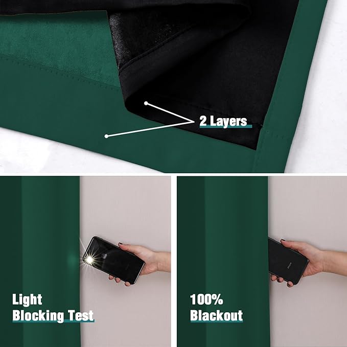 ChrisDowa 100% Blackout Curtains 80 inch Long for Bedroom with Black Liner, 2 Thick Layers Total Blackout Thermal Insulated Grommet Window Curtains 2 Panels Set (Forest Green, 52 x 80 Inch)