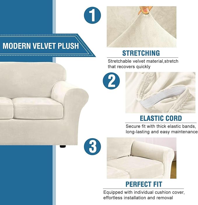 H.VERSAILTEX Real Velvet Plush 3 Piece Stretch Sofa Covers Couch Covers for 2 Cushion Couch Loveseat Covers Width Up to 72 Inch Feature Thick Soft Stay in Place (Medium Sofa, Ivory)