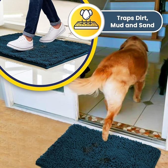 Muddy Mat® | Super Absorbent Door Mat Indoor, Microfiber Quick Dry Chenille Entryway Rug, Non-Slip Front Door Mat, Indoor Mats for Entryway, Machine Washable Pet Rug, Atlantic Blue 16"x24"