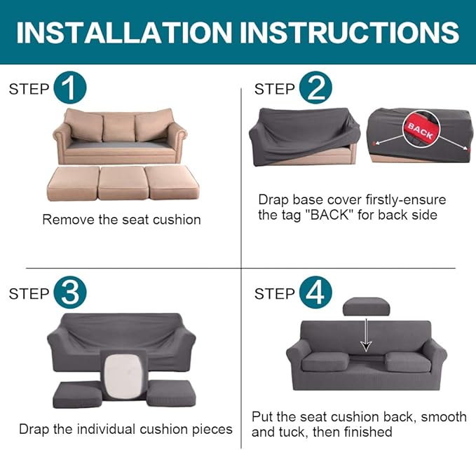 Turquoize 4 Piece Sofa Covers for 3 Cushion Couch Sofa Slipcover Soft Couch Cover for Dogs-Washable Sofa Furniture Covers with 3 Individual Large Cushion Covers, Feature Thick Fabric (XL Sofa, Gray)