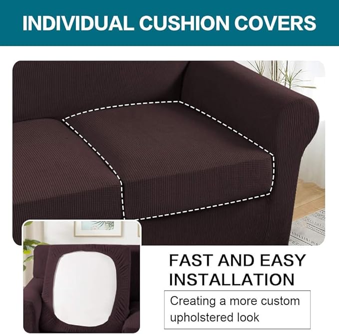 Turquoize 3 Piece Sofa Covers for 2 Cushion Couch Sofa Slipcover Soft Couch Cover for Dogs-Washable Sofa Furniture Covers with 2 Individual Cushion Covers, Thick Jacquard Fabric (Loveseat, Brown)