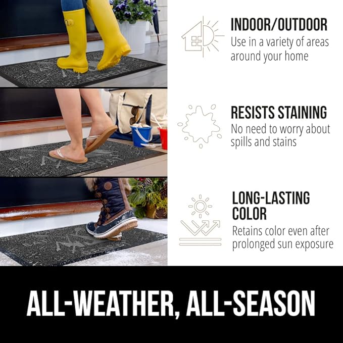 GORILLA GRIP 100% Waterproof All-Season WeatherMAX Doormat, US Designed Natural Rubber, Stain and Fade Resistant, Low Profile Indoor Outdoor Door Mats, Easy Clean Patio Mat, 29x17, Graphite Skiing